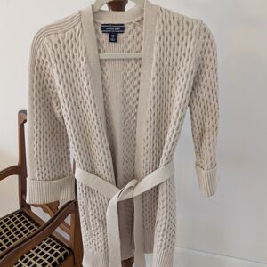 Lands' End Cream Cable-Knit Belted Cardigan